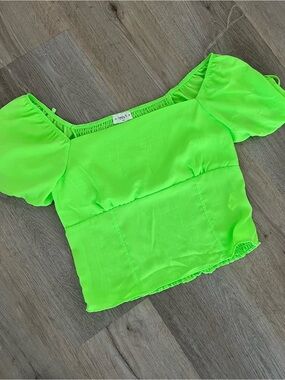 Puff Sleeve Square Neck Blouse in Neon Green